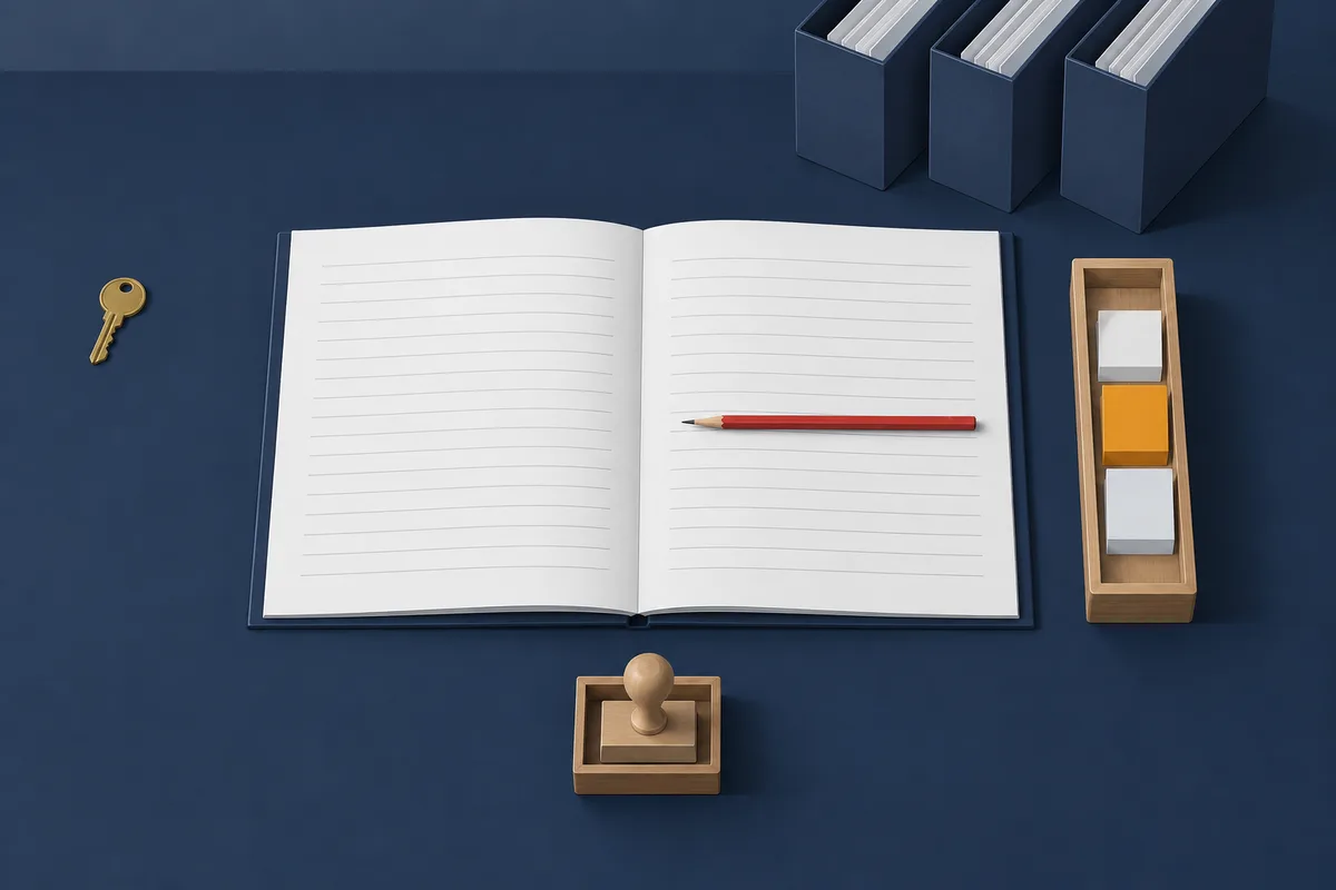 机の上に開いた書類と赤鉛筆、脇に付箋を入れた木のトレイと判子立てが置かれている